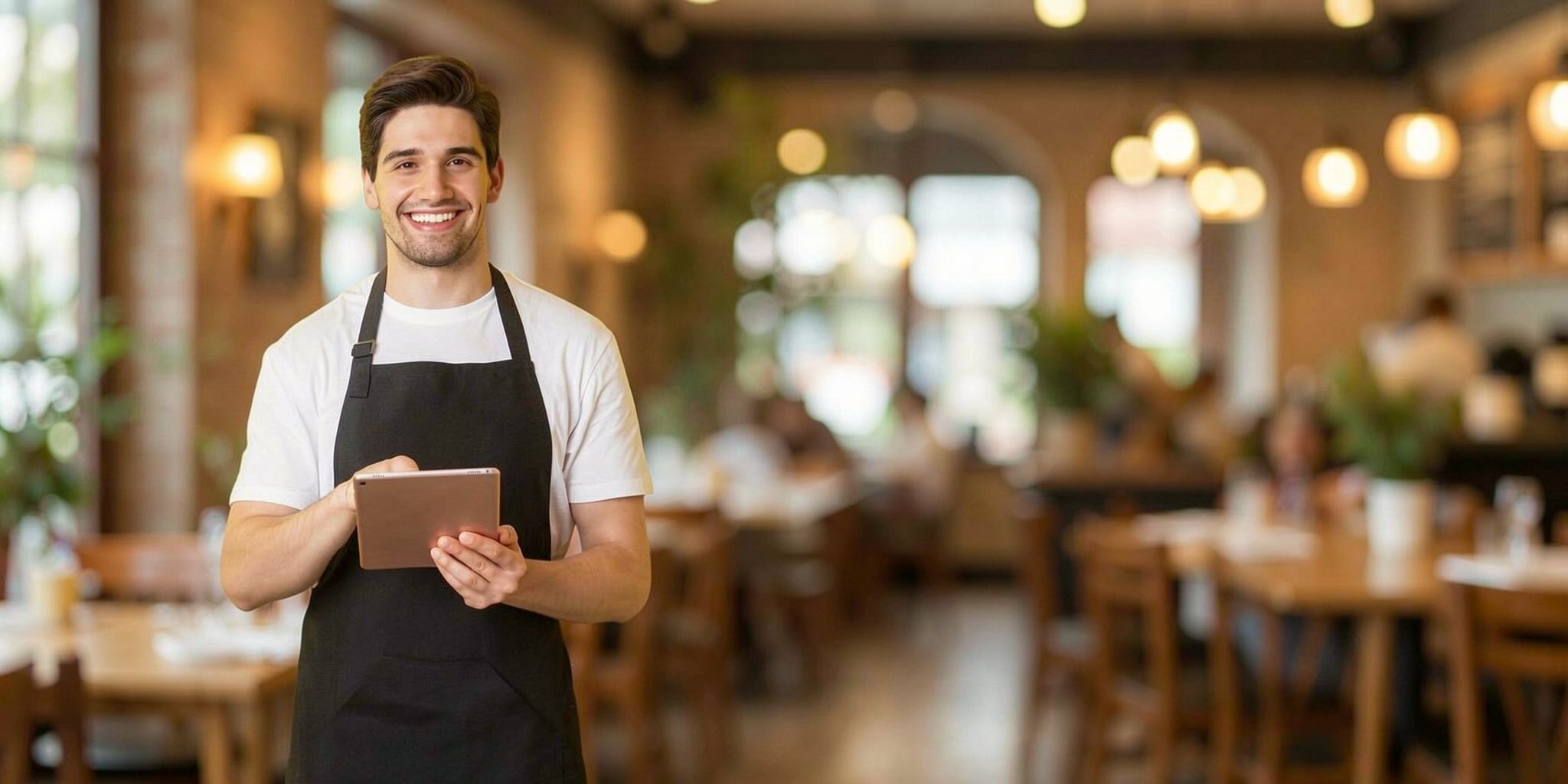 Smiling restaurant owner using a tablet in a dining room
